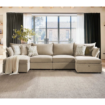 U-Shape Sectional Sofa: 130.5'' Wide Reversible Modern Modular Fabric Sectional Sofa With Storage Ottoman(Beige Chenille)