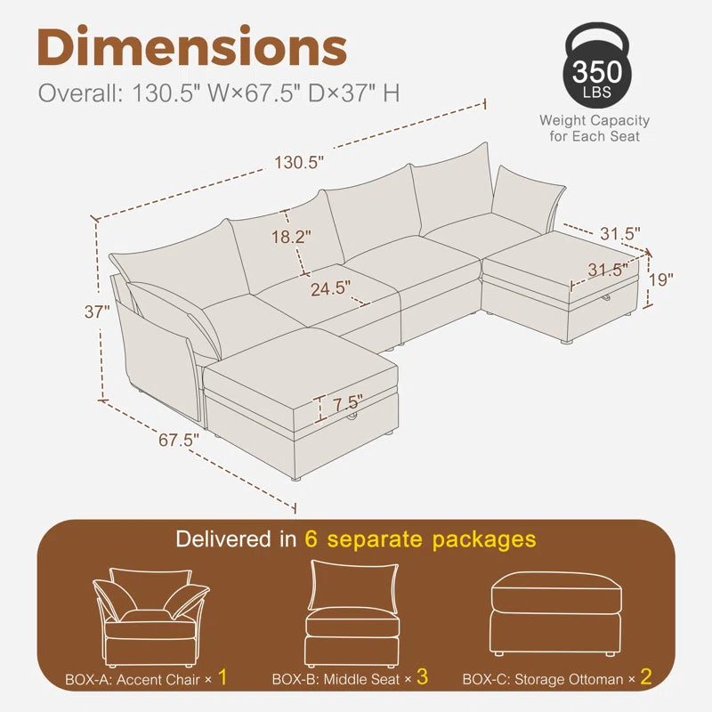 U-Shape Sectional Sofa: 130.5'' Wide Reversible Modern Modular Fabric Sectional Sofa With Storage Ottoman(Beige Chenille)