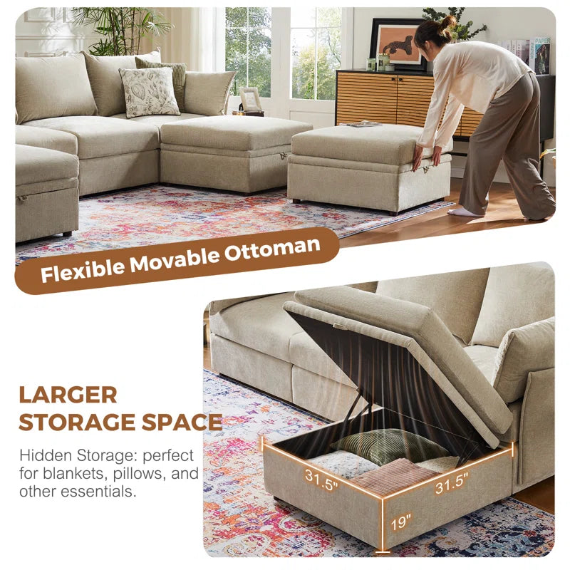 U-Shape Sectional Sofa: 130.5'' Wide Reversible Modern Modular Fabric Sectional Sofa With Storage Ottoman(Beige Chenille)