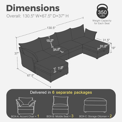 U-Shape Sectional Sofa: 130.5'' Wide Reversible Modern Modular Fabric Sectional Sofa With Storage Ottoman(Black Chenille)