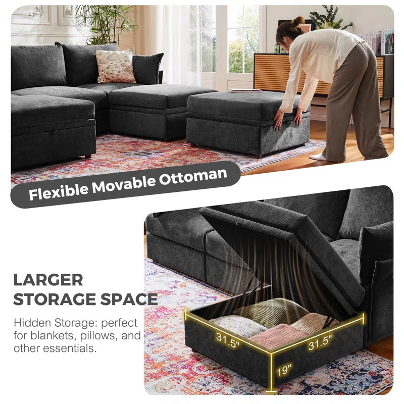 U-Shape Sectional Sofa: 130.5'' Wide Reversible Modern Modular Fabric Sectional Sofa With Storage Ottoman(Black Chenille)
