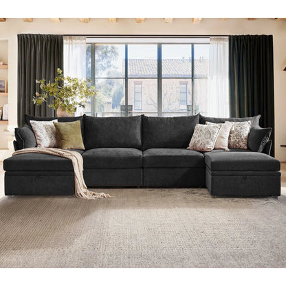 U-Shape Sectional Sofa: 130.5'' Wide Reversible Modern Modular Fabric Sectional Sofa With Storage Ottoman(Black Chenille)