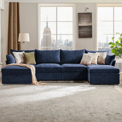 U-Shape Sectional Sofa: 130.5'' Wide Reversible Modern Modular Fabric Sectional Sofa With Storage Ottoman(Blue Chenille)
