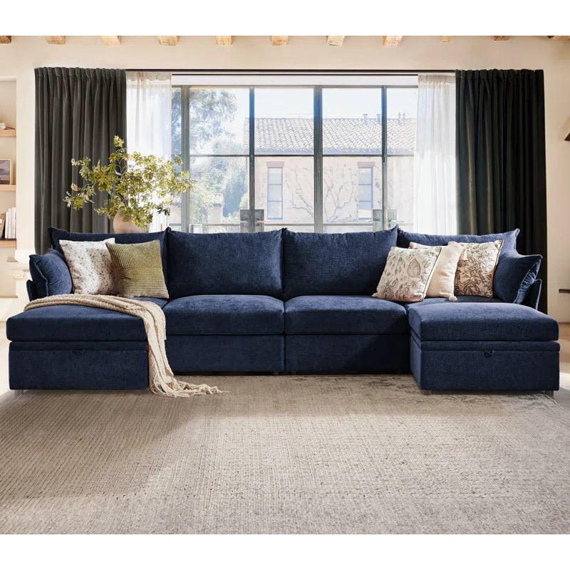 U-Shape Sectional Sofa: 130.5'' Wide Reversible Modern Modular Fabric Sectional Sofa With Storage Ottoman(Blue Chenille)