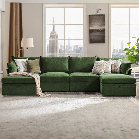 U-Shape Sectional Sofa: 130.5'' Wide Reversible Modern Modular Fabric Sectional Sofa With Storage Ottoman(Green Chenille)