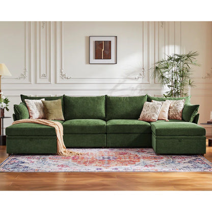 U-Shape Sectional Sofa: 130.5'' Wide Reversible Modern Modular Fabric Sectional Sofa With Storage Ottoman(Green Chenille)