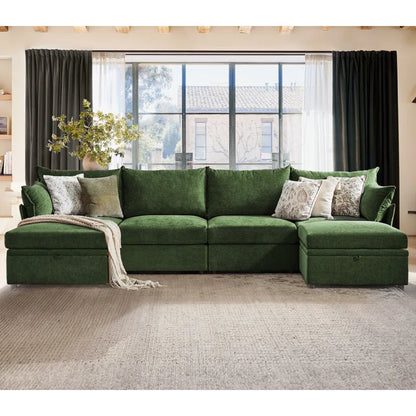 U-Shape Sectional Sofa: 130.5'' Wide Reversible Modern Modular Fabric Sectional Sofa With Storage Ottoman(Green Chenille)