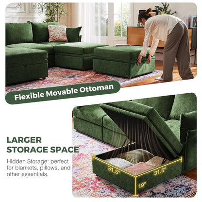 U-Shape Sectional Sofa: 130.5'' Wide Reversible Modern Modular Fabric Sectional Sofa With Storage Ottoman(Green Chenille)