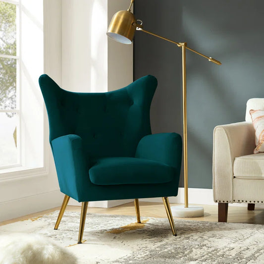 THE CASA ORO® 29.25" Wide Tufted Polyester Wing Armchair(Teal Velvet)