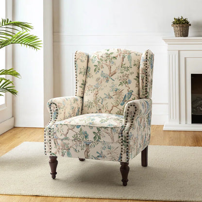 THE CASA ORO® 30" Wide Upholstered Wing Accent Chair for French Country(Bird Linen)