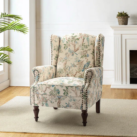 THE CASA ORO® 30" Wide Upholstered Wing Accent Chair for French Country(Bird Linen)