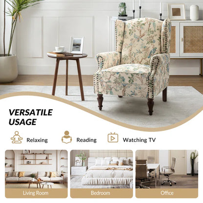 THE CASA ORO® 30" Wide Upholstered Wing Accent Chair for French Country(Bird Linen)