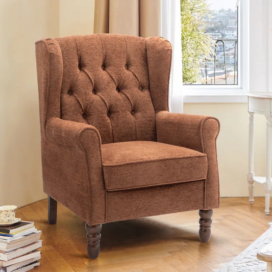 THE CASA ORO® Wing Accent Chair Button-Tufted Small with Rolled Arm and Thick Padded Cushion(Coral Polyester)