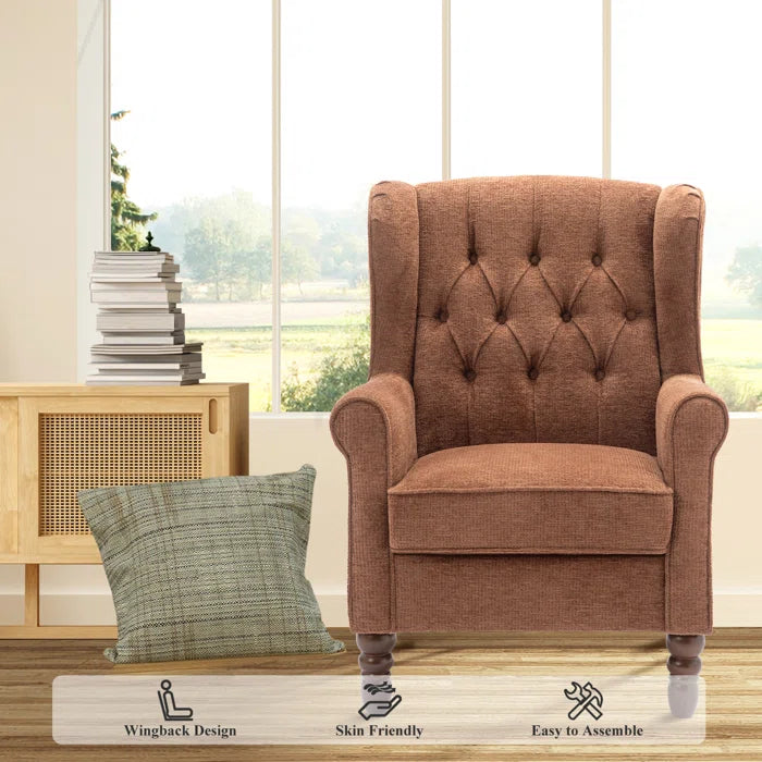 THE CASA ORO® Wing Accent Chair Button-Tufted Small with Rolled Arm and Thick Padded Cushion(Coral Polyester)