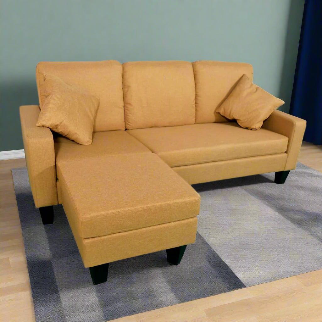 THE CASA ORO Fabric 3 Seater Solid Wood Sectional Sofa with Lounger (Dark Brown) (Beige)