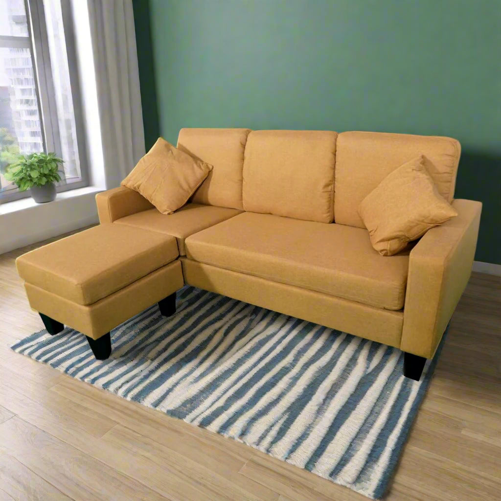 THE CASA ORO Fabric 3 Seater Solid Wood Sectional Sofa with Lounger (Dark Brown) (Beige)