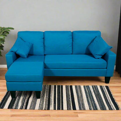 Fabric 3 Seater Solid Wood Sectional Sofa with Lounger (Blue)