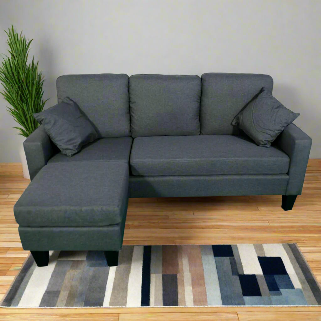 THE CASA ORO Fabric 3 Seater Solid Wood Sectional Sofa with Lounger (Dark Grey)