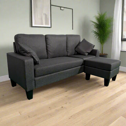 THE CASA ORO Fabric 3 Seater Solid Wood Sectional Sofa with Lounger (Dark Grey)