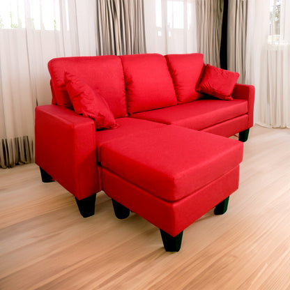 THE CASA ORO Fabric 3 Seater Solid Wood Sectional Sofa with Lounger (Red)