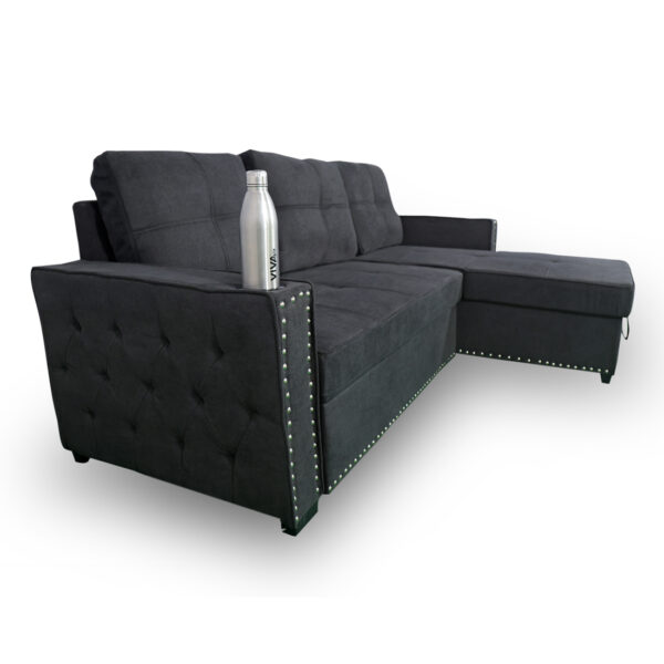 THE CASA ORO Four Seater Dark Grey Sofa Cum Bed with Bottle Holder