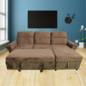 THE CASA ORO 4 Seater Solid Wood Sofa Cum Bed with Storage- (Brown)