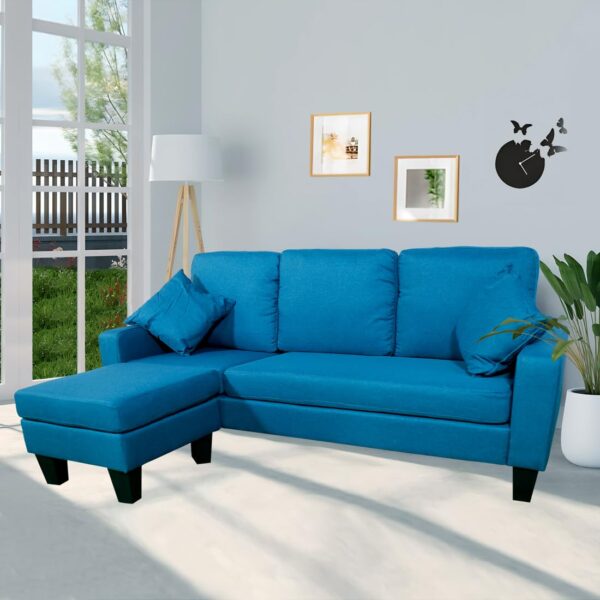 THE CASA ORO Fabric 3 Seater Solid Wood Sectional Sofa with Lounger (Blue)