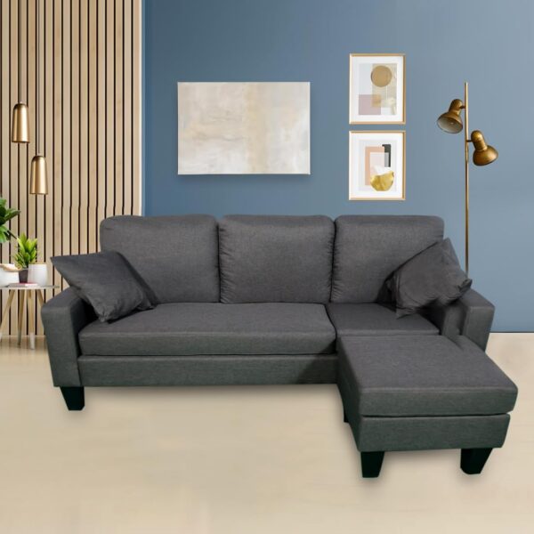 THE CASA ORO Fabric 3 Seater Solid Wood Sectional Sofa with Lounger (Dark Grey)