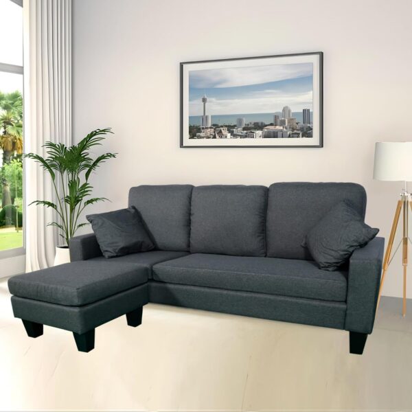 THE CASA ORO Fabric 3 Seater Solid Wood Sectional Sofa with Lounger (Dark Grey)