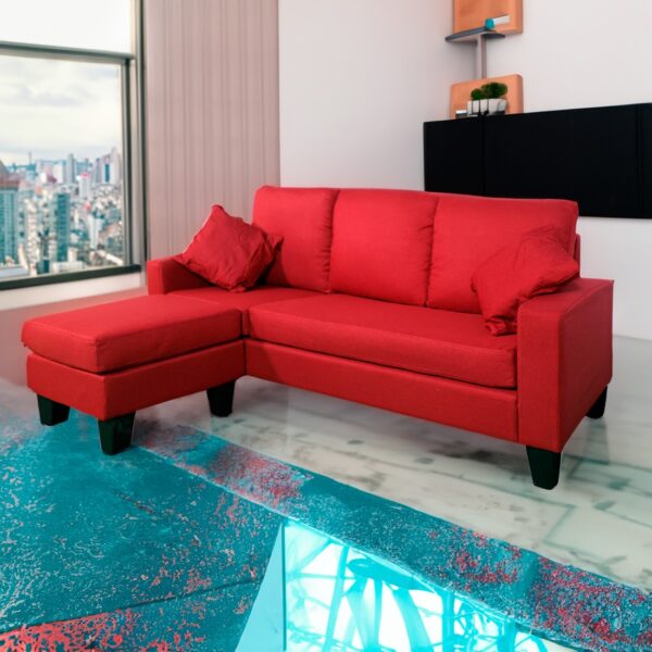 THE CASA ORO Fabric 3 Seater Solid Wood Sectional Sofa with Lounger (Red)